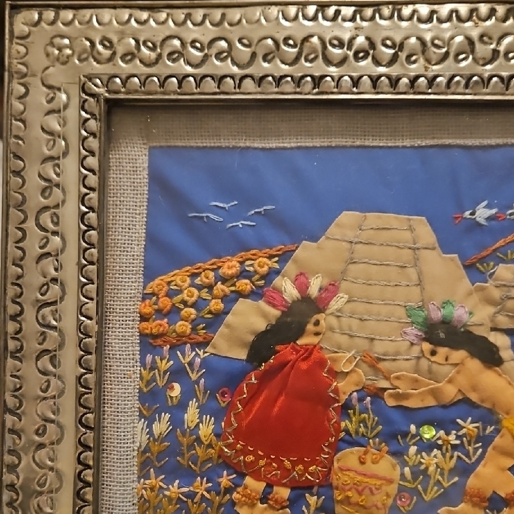 Vintage Folk Art Arpillera-Style in Tin Frame Decorative Decor - Picture 5 of 12